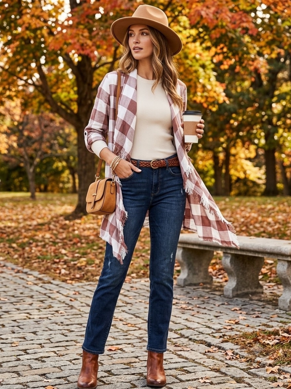 Maurices Brown and White Buffalo Check Fringe Cardigan
